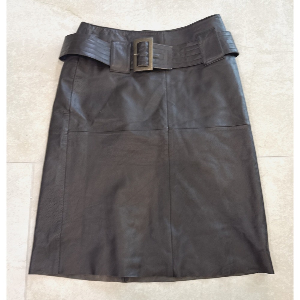 Vintage VS2 Brown Leather Above the Knee Pencil Skirt Lined Belted Sz 8
